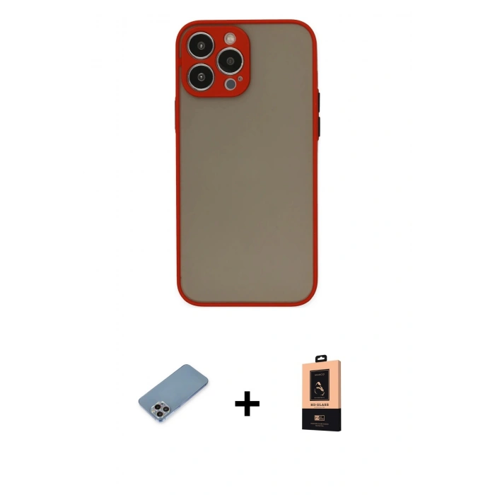 MARSİLYAN™- iPhone 13 Pro Max Kılıf Ahenk Çizgi Serisi - Şeffaf Maxco Cam Ekran Koruyucu + Gökkuşağı Shine Kamera Lens Koruma Cam