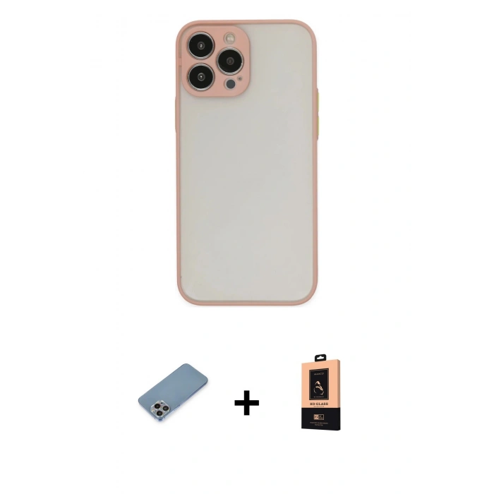 MARSİLYAN™- iPhone 13 Pro Max Kılıf Ahenk Çizgi Serisi - Şeffaf Maxco Cam Ekran Koruyucu + Gökkuşağı Shine Kamera Lens Koruma Cam