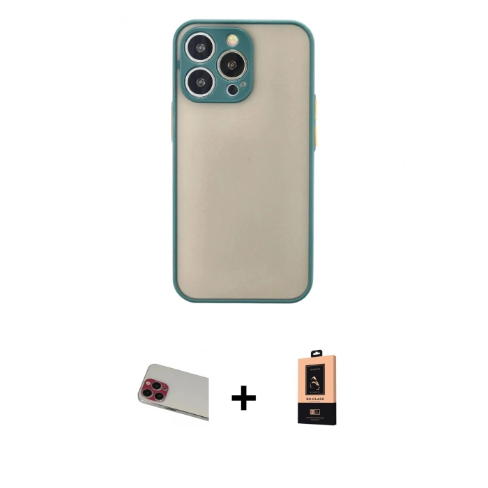 MARSİLYAN™- iPhone 13 Pro Max Kılıf Ahenk Çizgi Serisi - Şeffaf Maxco Cam Ekran Koruyucu + Rainbow Kamera Lens Koruma Cam - KI