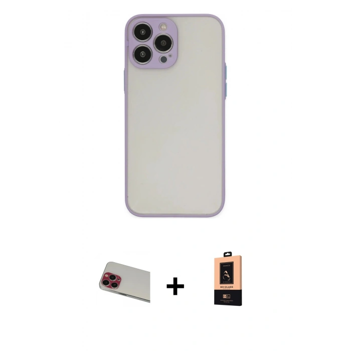 MARSİLYAN™- iPhone 13 Pro Max Kılıf Ahenk Çizgi Serisi - Şeffaf Maxco Cam Ekran Koruyucu + Rainbow Kamera Lens Koruma Cam - KI