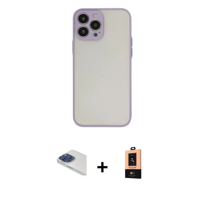 MARSİLYAN™- iPhone 13 Pro Max Kılıf Ahenk Çizgi Serisi - Şeffaf Maxco Cam Ekran Koruyucu + Pers Alüminyum Kamera Lens - LT
