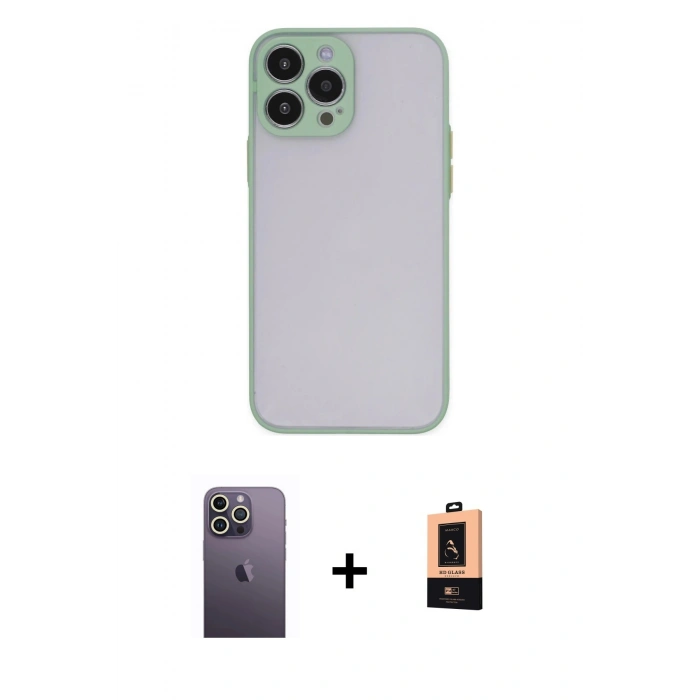MARSİLYAN™- iPhone 13 Pro Max Kılıf Ahenk Çizgi Serisi - Şeffaf Maxco Cam Ekran Koruyucu + Neon Fosforlu Kamera Lens - BZ
