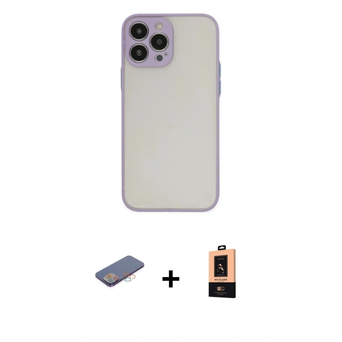 MARSİLYAN™- iPhone 13 Pro Max Kılıf Ahenk Çizgi Serisi - Şeffaf Maxco Cam Ekran Koruyucu + Renkli Kamera Lens Koruma Cam - PE