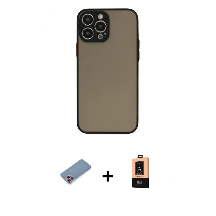 MARSİLYAN™- iPhone 13 Pro Max Kılıf Ahenk Çizgi Serisi - Şeffaf Maxco Cam Ekran Koruyucu + Shine Kamera Lens Koruma Cam - PE