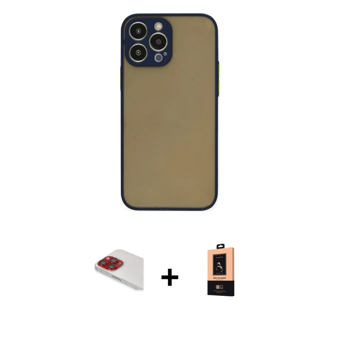 MARSİLYAN™- iPhone 13 Pro Max Kılıf Ahenk Çizgi Serisi - Şeffaf Maxco Cam Ekran Koruyucu + Pers Alüminyum Kamera Lens - KI