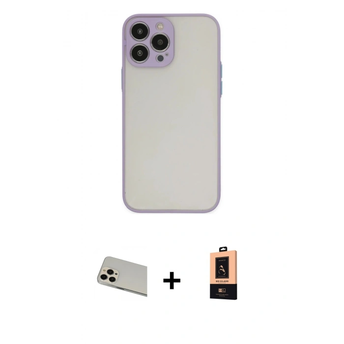MARSİLYAN™- iPhone 13 Pro Max Kılıf Ahenk Çizgi Serisi - Şeffaf Maxco Cam Ekran Koruyucu + Rainbow Kamera Lens Koruma Cam - REGD