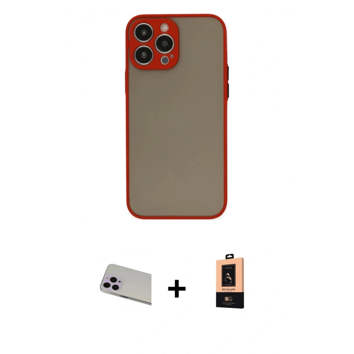 MARSİLYAN™- iPhone 13 Pro Max Kılıf Ahenk Çizgi Serisi - Şeffaf Maxco Cam Ekran Koruyucu + Rainbow Kamera Lens Koruma Cam - MR