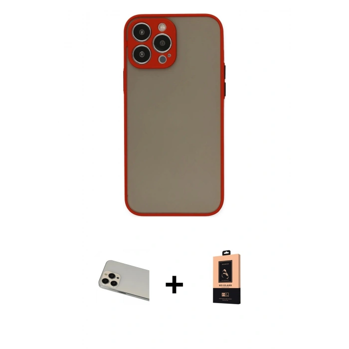 MARSİLYAN™- iPhone 13 Pro Max Kılıf Ahenk Çizgi Serisi - Şeffaf Maxco Cam Ekran Koruyucu + Rainbow Kamera Lens Koruma Cam - REGD