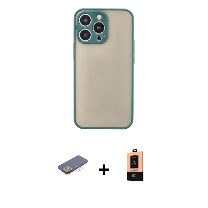 MARSİLYAN™- iPhone 13 Pro Max Kılıf Ahenk Çizgi Serisi - Şeffaf Maxco Cam Ekran Koruyucu + Renkli Kamera Lens Koruma Cam - SI