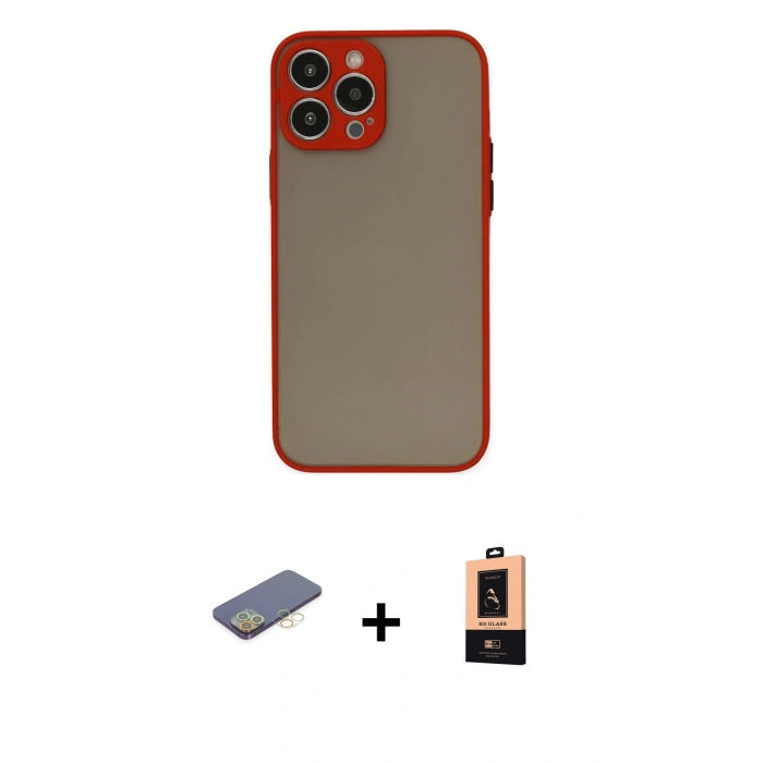 MARSİLYAN™- iPhone 13 Pro Max Kılıf Ahenk Çizgi Serisi - Şeffaf Maxco Cam Ekran Koruyucu + Renkli Kamera Lens Koruma Cam - SI