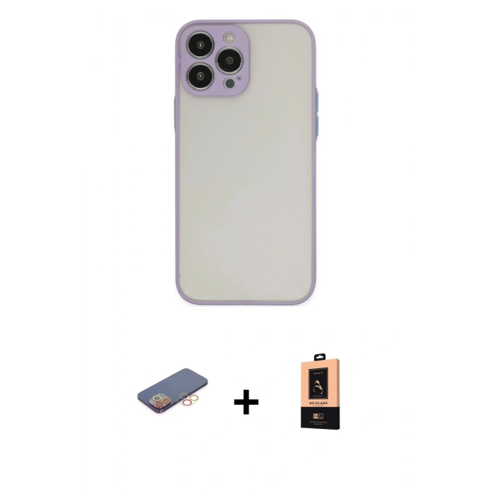 MARSİLYAN™- iPhone 13 Pro Max Kılıf Ahenk Çizgi Serisi - Şeffaf Maxco Cam Ekran Koruyucu + Renkli Kamera Lens Koruma Cam - TU