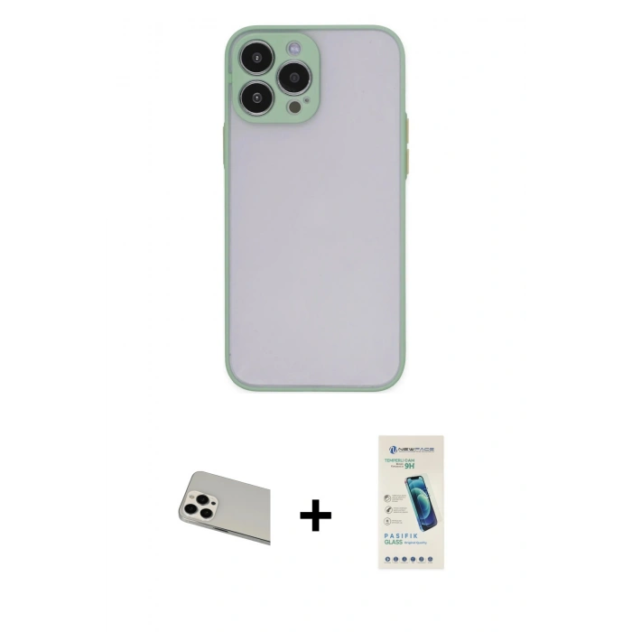 MARSİLYAN™- iPhone 13 Pro Max Kılıf Ahenk Çizgi Serisi - Şeffaf Pasifik Cam Ekran Koruyucu + Rainbow Kamera Lens Koruma Cam - BZ