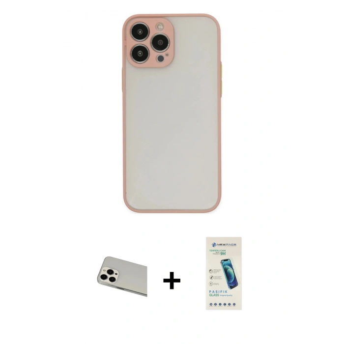 MARSİLYAN™- iPhone 13 Pro Max Kılıf Ahenk Çizgi Serisi - Şeffaf Pasifik Cam Ekran Koruyucu + Rainbow Kamera Lens Koruma Cam - BZ