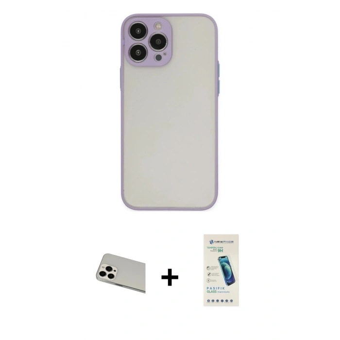 MARSİLYAN™- iPhone 13 Pro Max Kılıf Ahenk Çizgi Serisi - Şeffaf Pasifik Cam Ekran Koruyucu + Rainbow Kamera Lens Koruma Cam - BZ