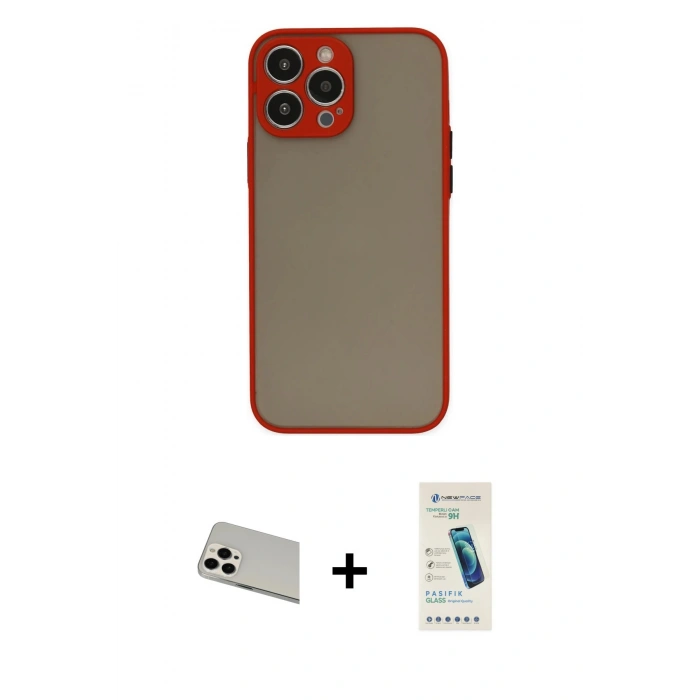 MARSİLYAN™- iPhone 13 Pro Max Kılıf Ahenk Çizgi Serisi - Şeffaf Pasifik Cam Ekran Koruyucu + Rainbow Kamera Lens Koruma Cam - BZ