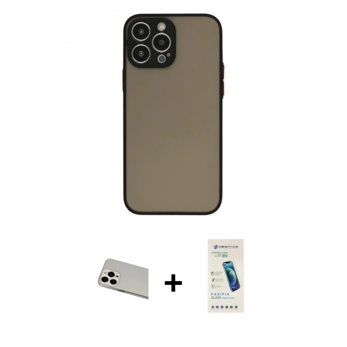 MARSİLYAN™- iPhone 13 Pro Max Kılıf Ahenk Çizgi Serisi - Şeffaf Pasifik Cam Ekran Koruyucu + Rainbow Kamera Lens Koruma Cam - BZ