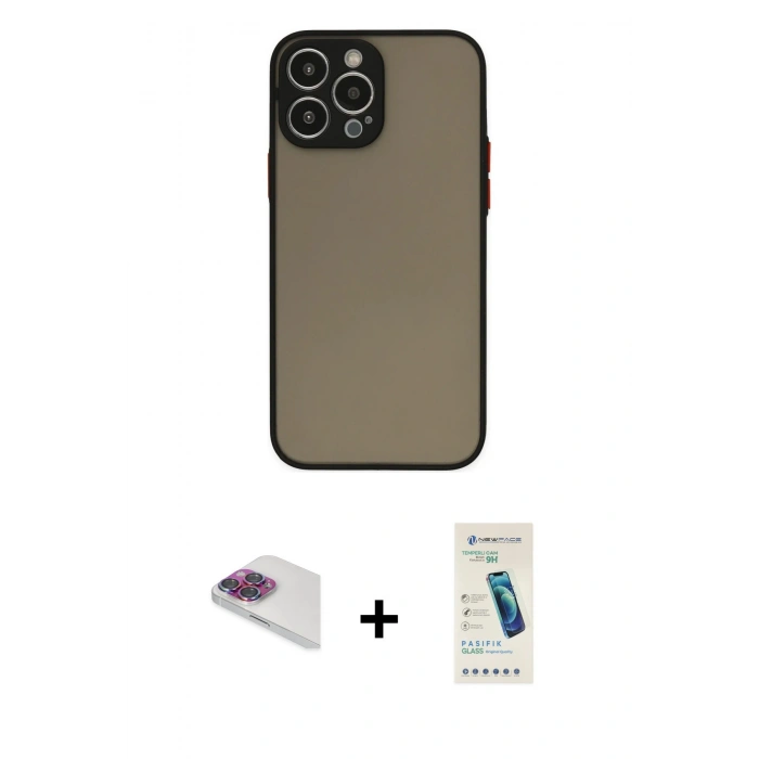 MARSİLYAN™- iPhone 13 Pro Max Kılıf Ahenk Çizgi Serisi - Şeffaf Pasifik Cam Ekran Koruyucu + Pers Alüminyum Kamera Lens - GI