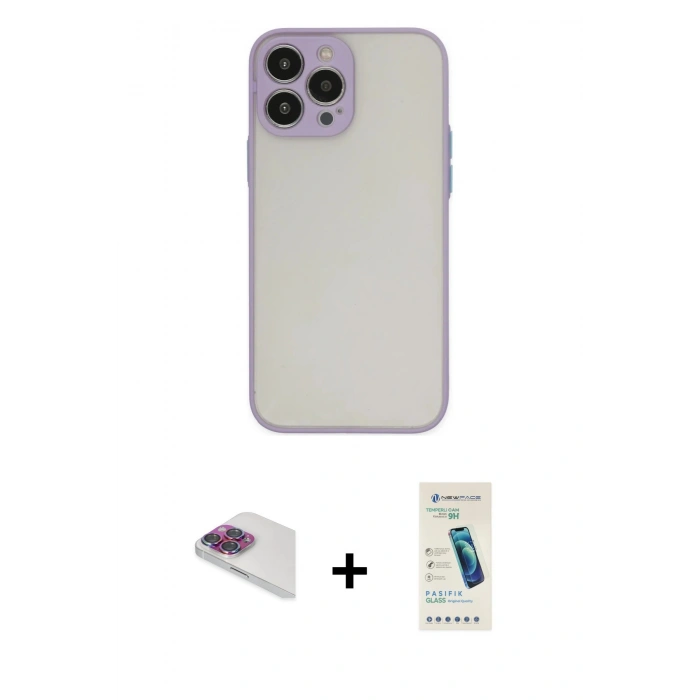 MARSİLYAN™- iPhone 13 Pro Max Kılıf Ahenk Çizgi Serisi - Şeffaf Pasifik Cam Ekran Koruyucu + Pers Alüminyum Kamera Lens - GI