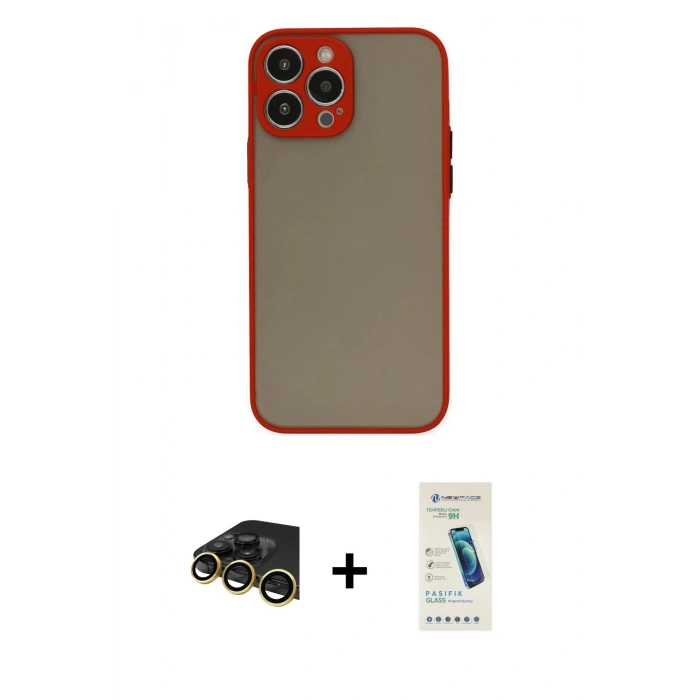 MARSİLYAN™- iPhone 13 Pro Max Kılıf Ahenk Çizgi Serisi - Şeffaf Pasifik Cam Ekran Koruyucu + Raze Metal Kamera Lens - GD