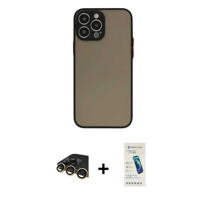 MARSİLYAN™- iPhone 13 Pro Max Kılıf Ahenk Çizgi Serisi - Şeffaf Pasifik Cam Ekran Koruyucu + Raze Metal Kamera Lens - GD