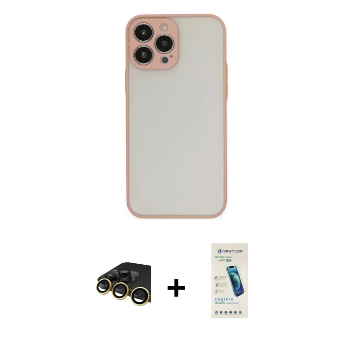 MARSİLYAN™- iPhone 13 Pro Max Kılıf Ahenk Çizgi Serisi - Şeffaf Pasifik Cam Ekran Koruyucu + Raze Metal Kamera Lens - GD