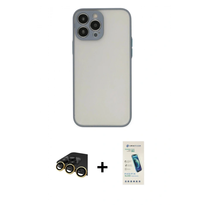 MARSİLYAN™- iPhone 13 Pro Max Kılıf Ahenk Çizgi Serisi - Şeffaf Pasifik Cam Ekran Koruyucu + Raze Metal Kamera Lens - GD
