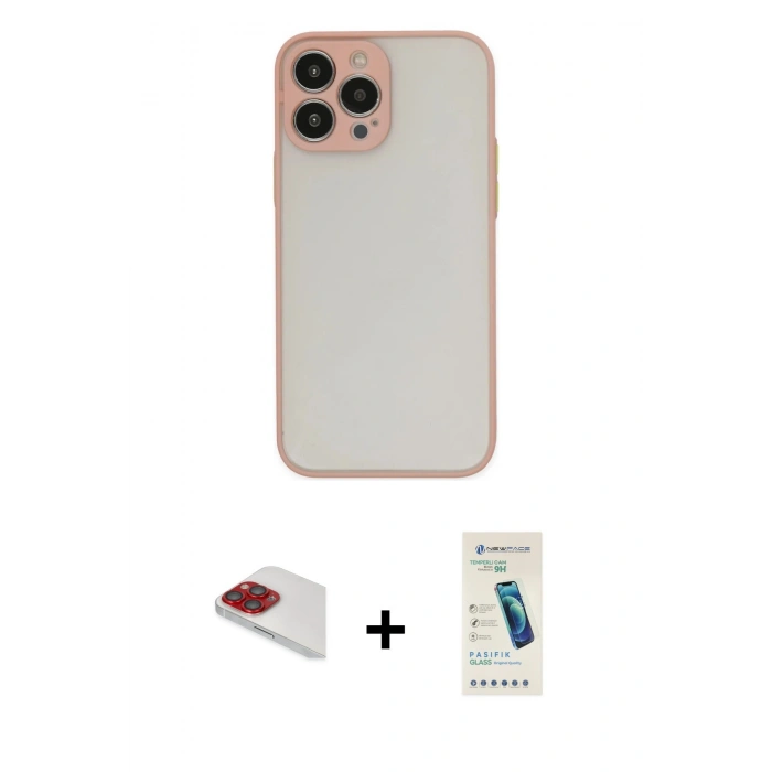 MARSİLYAN™- iPhone 13 Pro Max Kılıf Ahenk Çizgi Serisi - Şeffaf Pasifik Cam Ekran Koruyucu + Pers Alüminyum Kamera Lens - KI
