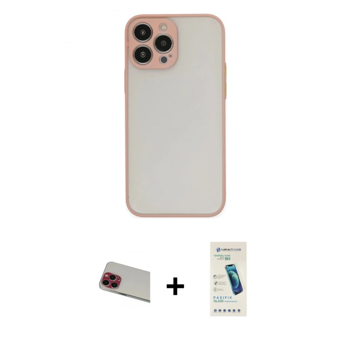 MARSİLYAN™- iPhone 13 Pro Max Kılıf Ahenk Çizgi Serisi - Şeffaf Pasifik Cam Ekran Koruyucu + Rainbow Kamera Lens Koruma Cam - KI