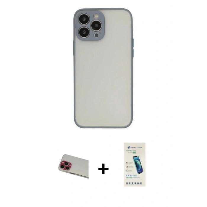 MARSİLYAN™- iPhone 13 Pro Max Kılıf Ahenk Çizgi Serisi - Şeffaf Pasifik Cam Ekran Koruyucu + Rainbow Kamera Lens Koruma Cam - KI