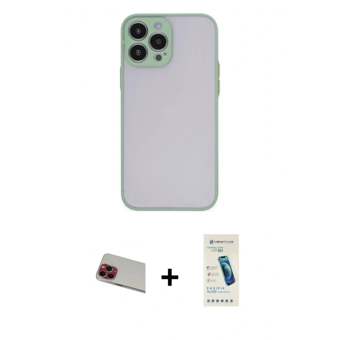MARSİLYAN™- iPhone 13 Pro Max Kılıf Ahenk Çizgi Serisi - Şeffaf Pasifik Cam Ekran Koruyucu + Rainbow Kamera Lens Koruma Cam - KI
