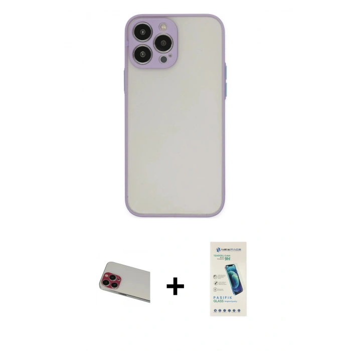 MARSİLYAN™- iPhone 13 Pro Max Kılıf Ahenk Çizgi Serisi - Şeffaf Pasifik Cam Ekran Koruyucu + Rainbow Kamera Lens Koruma Cam - KI