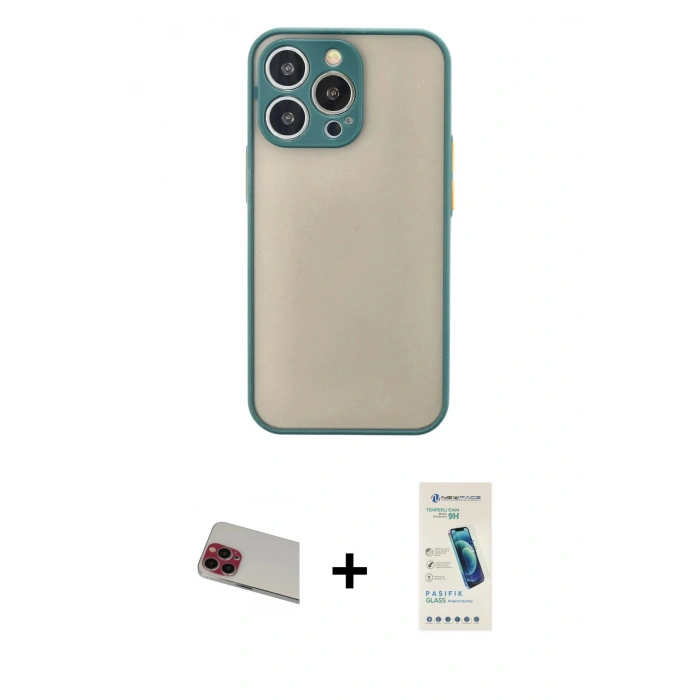 MARSİLYAN™- iPhone 13 Pro Max Kılıf Ahenk Çizgi Serisi - Şeffaf Pasifik Cam Ekran Koruyucu + Rainbow Kamera Lens Koruma Cam - KI