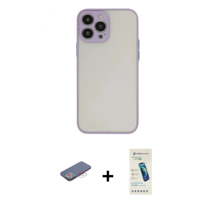 MARSİLYAN™- iPhone 13 Pro Max Kılıf Ahenk Çizgi Serisi - Şeffaf Pasifik Cam Ekran Koruyucu + Renkli Kamera Lens Koruma Cam - MI