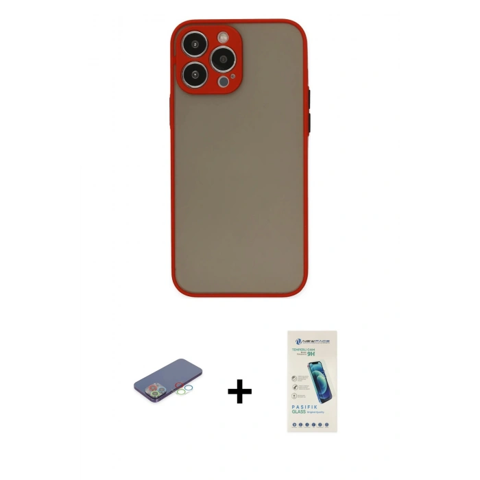 MARSİLYAN™- iPhone 13 Pro Max Kılıf Ahenk Çizgi Serisi - Şeffaf Pasifik Cam Ekran Koruyucu + Renkli Kamera Lens Koruma Cam - MI