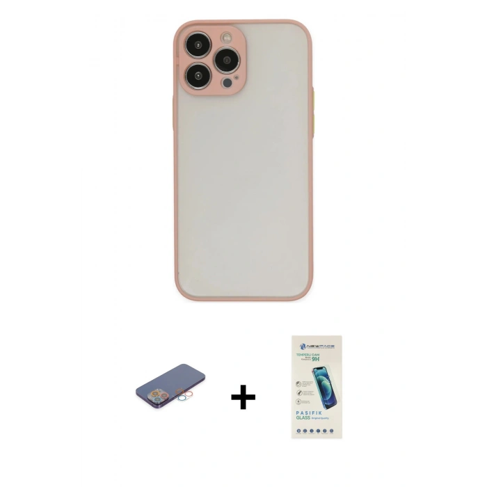 MARSİLYAN™- iPhone 13 Pro Max Kılıf Ahenk Çizgi Serisi - Şeffaf Pasifik Cam Ekran Koruyucu + Pembe Renkli Kamera Lens Koruma Cam