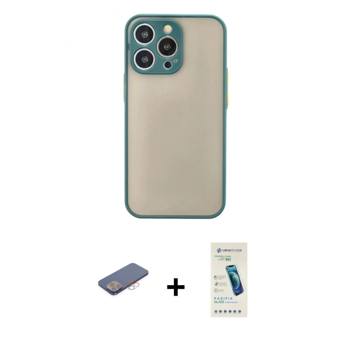 MARSİLYAN™- iPhone 13 Pro Max Kılıf Ahenk Çizgi Serisi - Şeffaf Pasifik Cam Ekran Koruyucu + Pembe Renkli Kamera Lens Koruma Cam