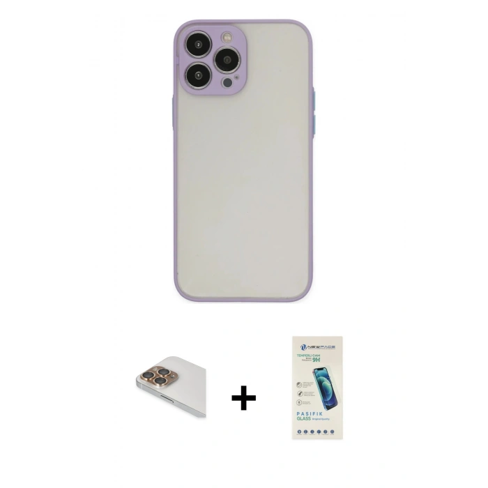 MARSİLYAN™- iPhone 13 Pro Max Kılıf Ahenk Çizgi Serisi - Şeffaf Pasifik Cam Ekran Koruyucu + Pers Alüminyum Kamera Lens - GD