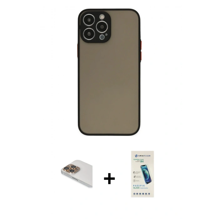 MARSİLYAN™- iPhone 13 Pro Max Kılıf Ahenk Çizgi Serisi - Şeffaf Pasifik Cam Ekran Koruyucu + Pers Alüminyum Kamera Lens - GD