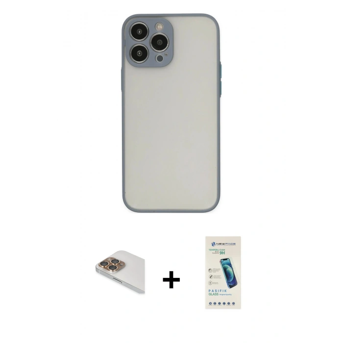 MARSİLYAN™- iPhone 13 Pro Max Kılıf Ahenk Çizgi Serisi - Şeffaf Pasifik Cam Ekran Koruyucu + Pers Alüminyum Kamera Lens - GD