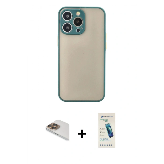 MARSİLYAN™- iPhone 13 Pro Max Kılıf Ahenk Çizgi Serisi - Şeffaf Pasifik Cam Ekran Koruyucu + Pers Alüminyum Kamera Lens - GD