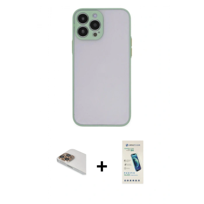 MARSİLYAN™- iPhone 13 Pro Max Kılıf Ahenk Çizgi Serisi - Şeffaf Pasifik Cam Ekran Koruyucu + Pers Alüminyum Kamera Lens - GD
