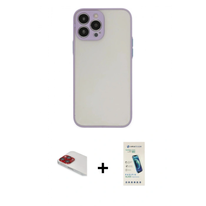 MARSİLYAN™- iPhone 13 Pro Max Kılıf Ahenk Çizgi Serisi - Şeffaf Pasifik Cam Ekran Koruyucu + Pers Alüminyum Kamera Lens - KI