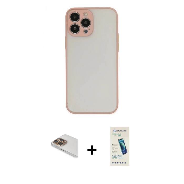 MARSİLYAN™- iPhone 13 Pro Max Kılıf Ahenk Çizgi Serisi - Şeffaf Pasifik Cam Ekran Koruyucu + Pers Alüminyum Kamera Lens - GD