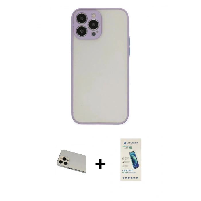 MARSİLYAN™- iPhone 13 Pro Max Kılıf Ahenk Çizgi Serisi - Şeffaf Pasifik Cam Ekran Koruyucu + Rainbow Kamera Lens Koruma Cam - REGD