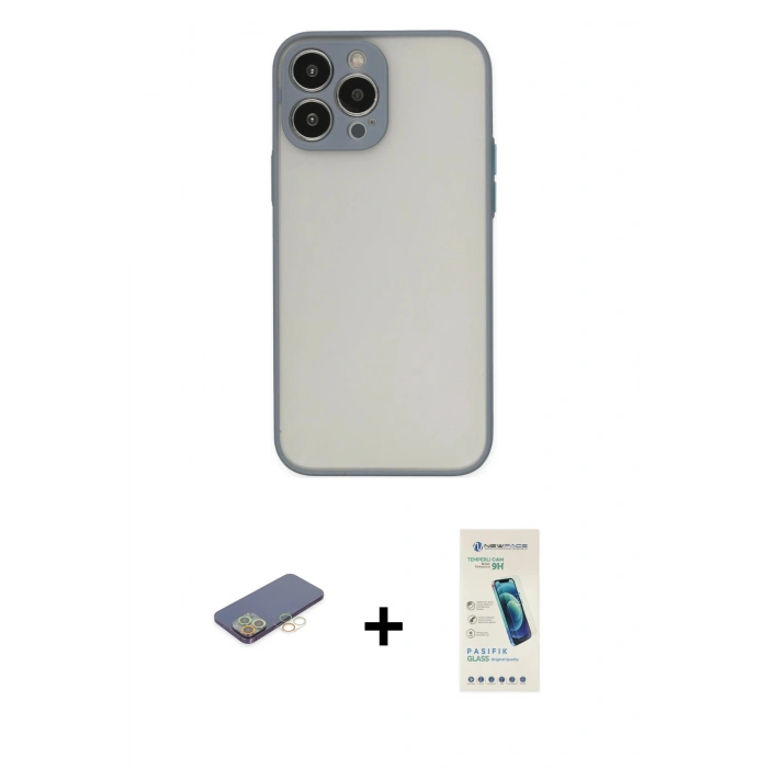 MARSİLYAN™- iPhone 13 Pro Max Kılıf Ahenk Çizgi Serisi - Şeffaf Pasifik Cam Ekran Koruyucu + Renkli Kamera Lens Koruma Cam - SI