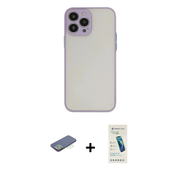MARSİLYAN™- iPhone 13 Pro Max Kılıf Ahenk Çizgi Serisi - Şeffaf Pasifik Cam Ekran Koruyucu + Renkli Kamera Lens Koruma Cam - YL