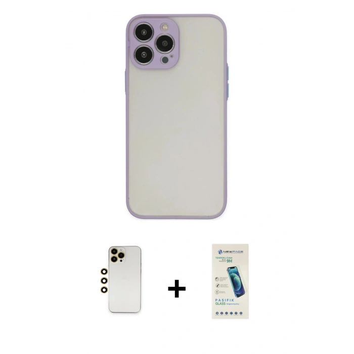 MARSİLYAN™- iPhone 13 Pro Max Kılıf Ahenk Çizgi Serisi - Şeffaf Pasifik Cam Ekran Koruyucu + Shine Kamera Lens - GD
