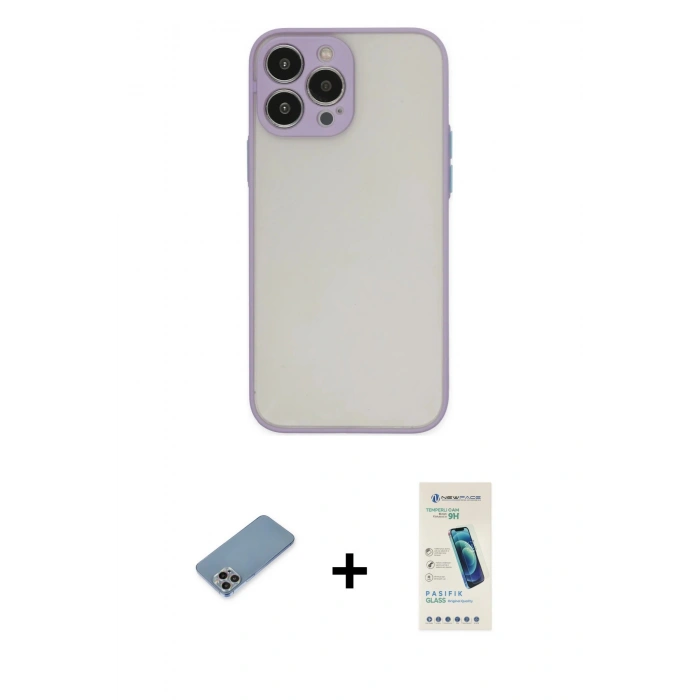 MARSİLYAN™- iPhone 13 Pro Max Kılıf Ahenk Çizgi Serisi - Şeffaf Pasifik Cam Ekran Koruyucu + Shine Kamera Lens Koruma Cam - GI