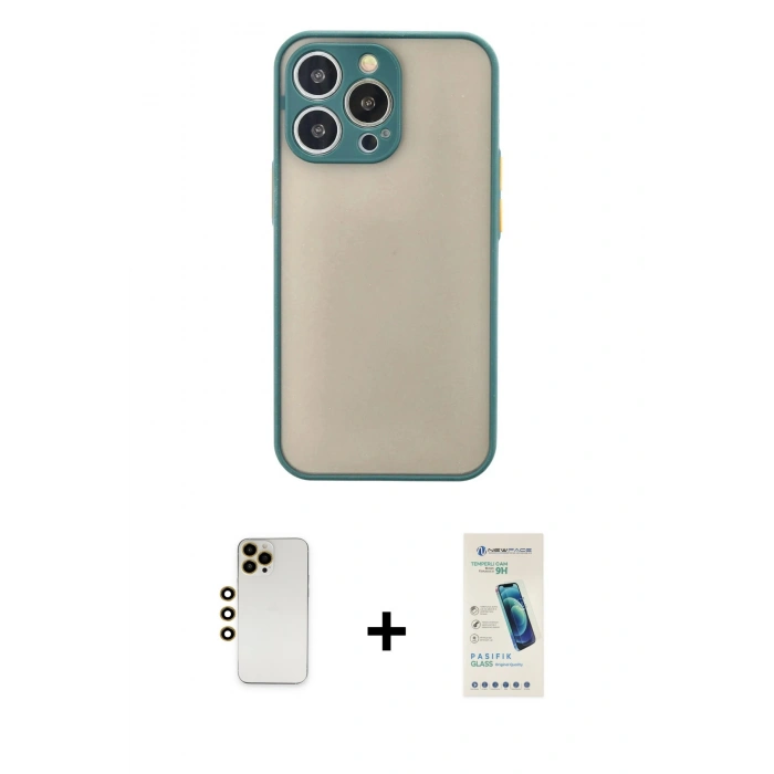 MARSİLYAN™- iPhone 13 Pro Max Kılıf Ahenk Çizgi Serisi - Şeffaf Pasifik Cam Ekran Koruyucu + Shine Kamera Lens - GD