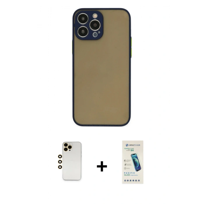 MARSİLYAN™- iPhone 13 Pro Max Kılıf Ahenk Çizgi Serisi - Şeffaf Pasifik Cam Ekran Koruyucu + Shine Kamera Lens - GD